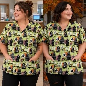 Tafford Halloween Scrub Top Women 2X Green Haunted House Witch Nurse Spooky